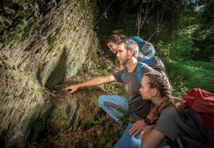 Drei Wanderer betrachten interessiert eine Felswand im Wald. Sie tragen Rucksäcke und sind von üppigem Grün umgeben., © kappest_remet Drei Wanderer betrachten interessiert eine Felswand im Wald. Sie tragen Rucksäcke und sind von üppigem Grün umgeben., © kappest_remet