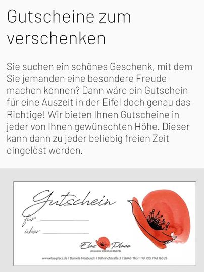 Ein Gutschein zum Verschenken, ideal für eine Auszeit in der Eifel. Die Gestaltung zeigt eine ansprechende rote Blume und bietet Platz für eine persönliche Nachricht.