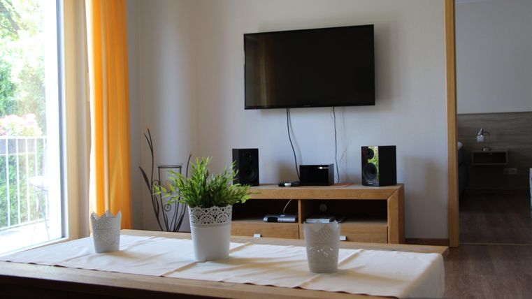 Ein modernes Wohnzimmer mit einem Fernseher an der Wand und einem Holztisch. Auf dem Tisch stehen Blumentöpfe und die Fenster lassen viel Tageslicht herein.