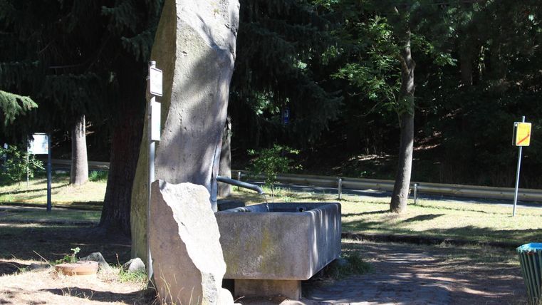 Ein großer Stein mit einer unregelmäßigen Form steht in einem Park. Im Hintergrund sind Bäume und ein Weg sichtbar.