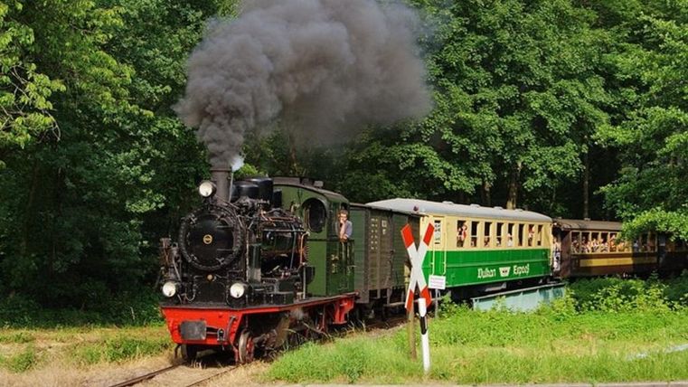 Eine Dampflok fährt durch eine grüne Landschaft. Der Rauchaustritt zeigt klassische Dampftechnologie in einem malerischen Umkreis.