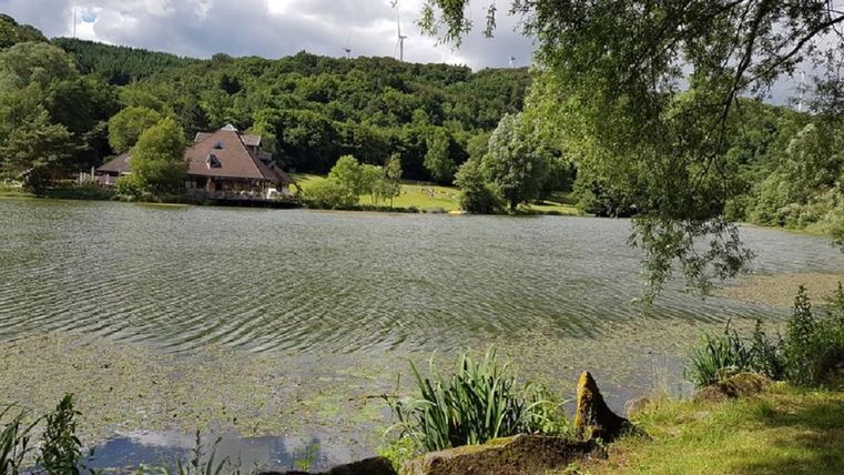 Ein ruhiger See umgeben von grünen Bäumen und Sträuchern. Im Hintergrund ist ein charmantes Haus sichtbar.