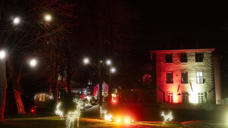 Ein festlich beleuchteter Garten mit leuchtenden Rentieren und einer hell erleuchteten Fassade eines Gebäudes. Die Szenerie strahlt eine gemütliche Abendstimmung aus.