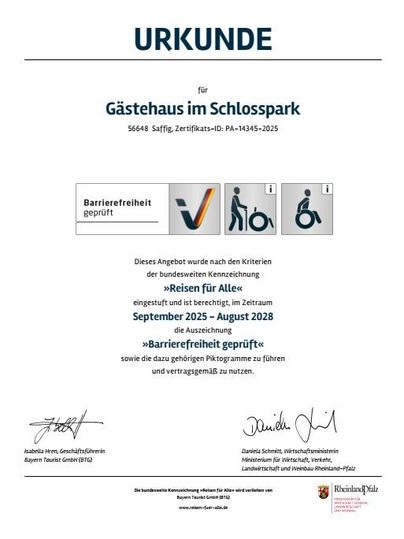 A certificate for the guesthouse in the castle park, confirming its accessibility. Valid from September 2025 to August 2028.