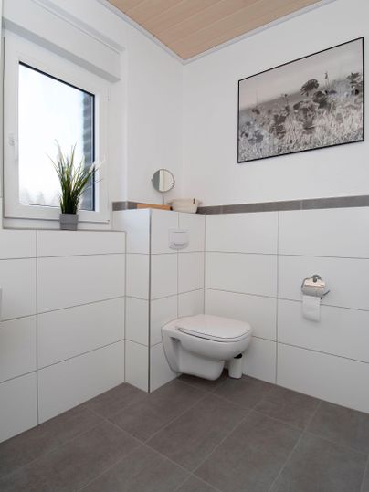 Ein modernes Badezimmer mit weißen Fliesen und einem Fenster. Die Einrichtung umfasst eine Toilette, einen Spiegelschrank und eine Pflanze.