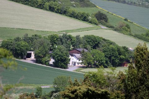 Ein ländliches Haus umgeben von Bäumen und Feldern. Die Landschaft ist grün und hügelig.