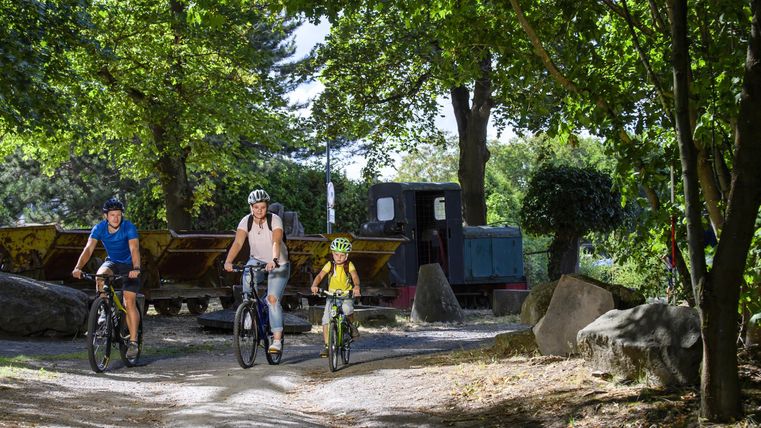 A cyclist and two children are riding on a forest path. In the background, trees and an old wagon can be seen.