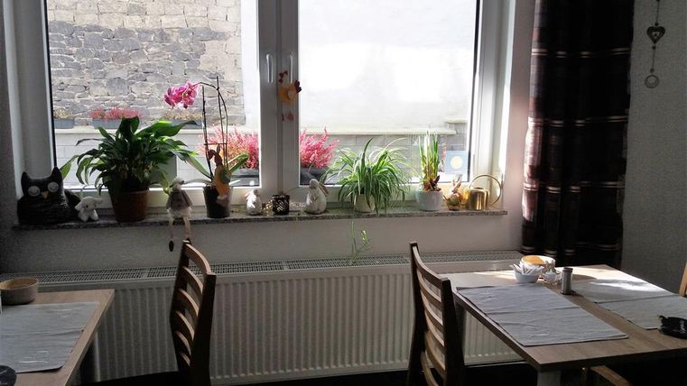 Ein gemütlicher Raum mit zwei Tischen und Stühlen. Auf der Fensterbank stehen viele Pflanzen und Dekorationen.