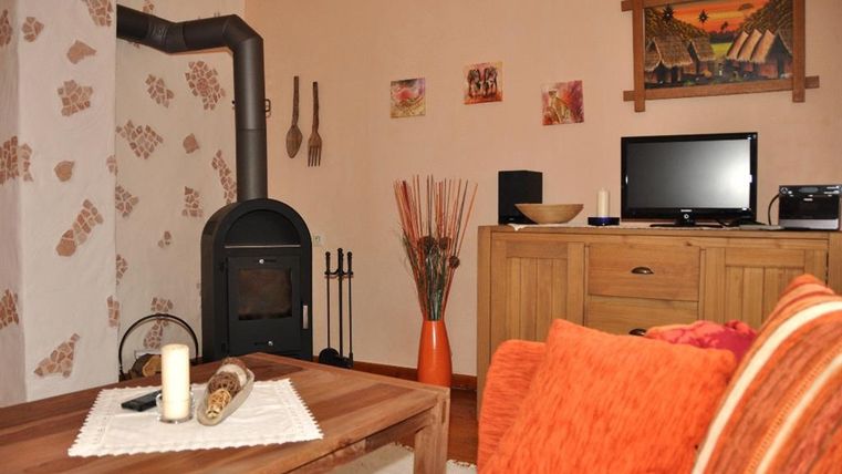 Ein gemütliches Wohnzimmer mit einem orangenen Sofa und einem Holztisch. Im Raum steht ein Ofen, und der Fernseher ist auf einem Holzschrank platziert.