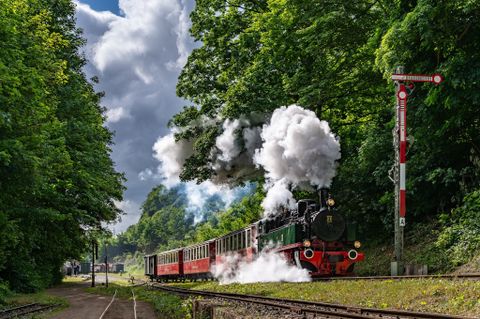 Eine Dampflok fährt über eine steinerne Brücke inmitten von grünem Wald. Die bunten Wagen der Lokomotive fügen sich harmonisch in die schöne Landschaft ein.