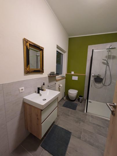 Ein modernes Badezimmer mit einer Dusche und einem Waschbecken. Die Wände sind in einem frischen Grünton gestrichen und es gibt eine elegante Spiegelrahmung.