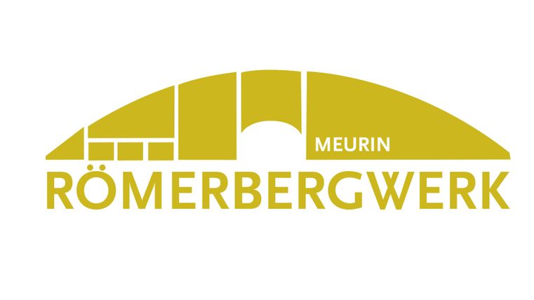 The logo of the Römerbergwerk features a stylized, arch-shaped structure in yellow. The inscription includes the name "Meurin" and emphasizes the focus on the Römerbergwerk.