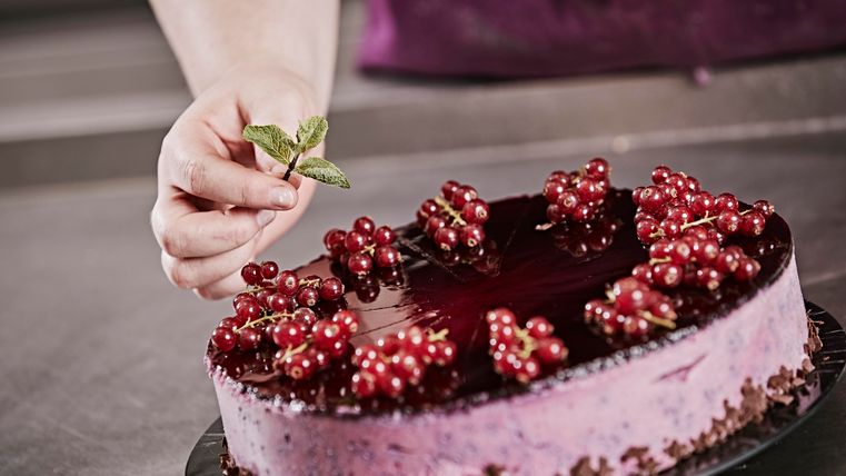 A delicious cake with red currants and a glossy layer of chocolate. A hand adds fresh mint for decoration.