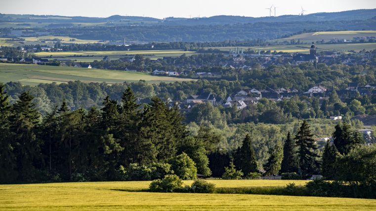 Eine weite Landschaft mit fruchtbaren Feldern und sanften Hügeln. Im Hintergrund sind ein Dorf und einige Windräder zu sehen.