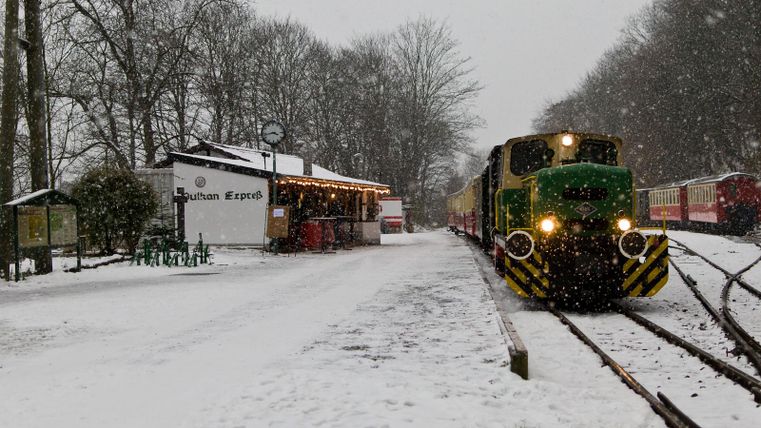 Eine kleine Lokomotive steht im Schnee an einem Bahnhof. Umgeben von schneebedeckten Bäumen und einer gemütlichen Hütte wirkt die Szene winterlich und einladend.