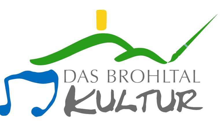 Een gestileerd logo dat de culturele aspecten van het Brohl-vallei weergeeft. Het bevat elementen zoals noten, bergen en een penseel, die creativiteit en natuur symboliseren.
