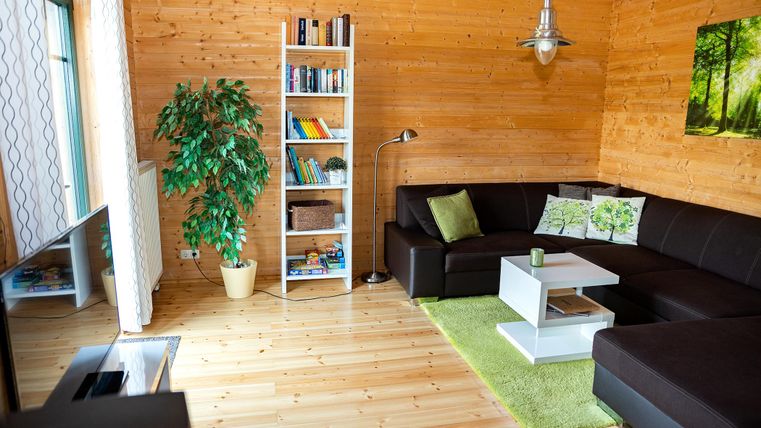 A cozy living room with wood paneling, a dark couch, and a modern coffee table. Shelves with books and a green plant give the room an inviting atmosphere.