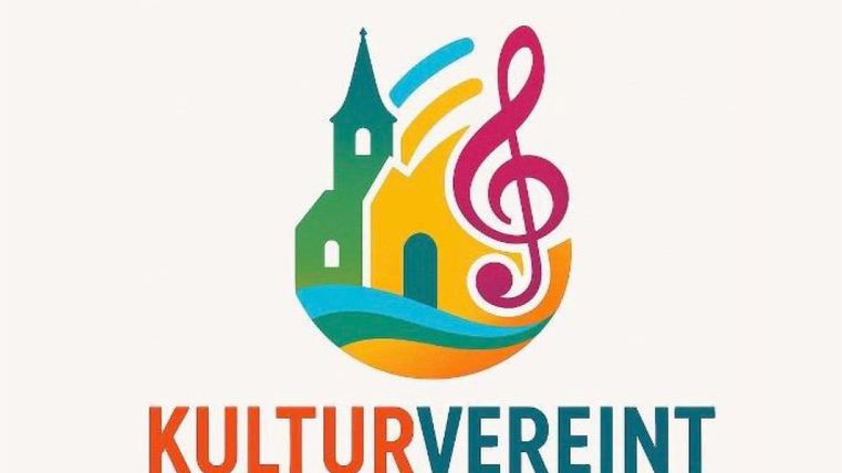 Ein buntes Logo mit einer Kirche, einer Welle und einer Note. Der Text „KULTURVEREINT“ ist deutlich sichtbar.