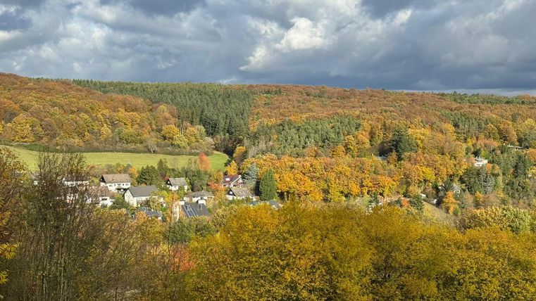 Eine malerische Landschaft im Herbst mit bunten Bäumen und einem kleinen Dorf. Die Wolken hängen dramatisch über dem Wald.