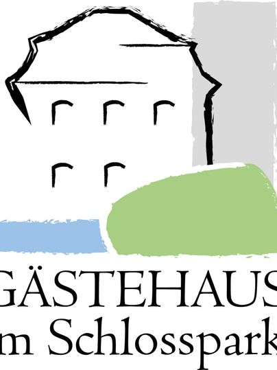 A simple logo with the text "Guesthouse in the Castle Park". It features a stylized building sketch and colored areas.