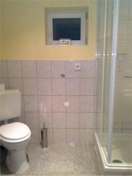 A small bathroom with a toilet and shower. The walls are tiled and the color is light yellow.
