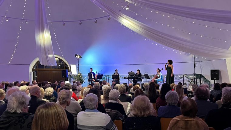 A concert in a festively decorated room with many guests. On stage stands a singer, surrounded by musicians.