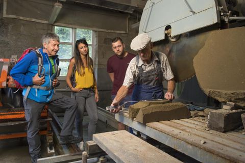 Eine Gruppe von vier Personen beobachtet einen Handwerker, der an einer Steinbearbeitungsmaschine arbeitet. Die Atmosphäre ist lehrreich und handwerklich.