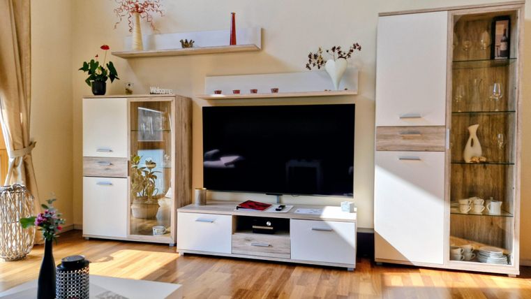 Ein helles Wohnzimmer mit Holzfußboden und einem großen Fernseher. Die Möbel sind modern und gut organisiert, mit Pflanzen und Dekorationen in den Regalen.