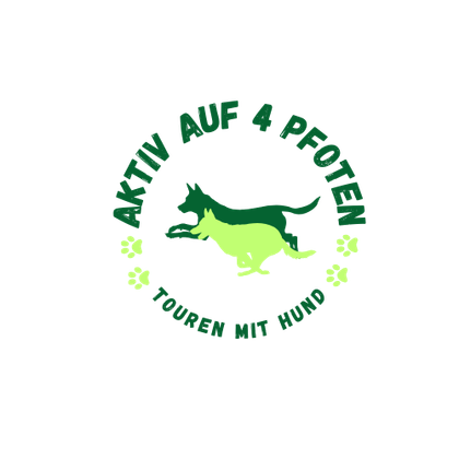 A logo with the text "Active on 4 Paws" and two running dogs. It includes paw prints and emphasizes tours with dogs.