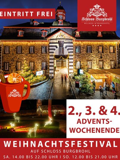 Ein festlich beleuchtetes Schloss zur Weihnachtszeit. Ankündigung des Weihnachtsfestivals mit verschiedenen Öffnungszeiten.