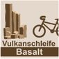Logo der Vulkanschleife Basalt mit Basaltsäulen und Fahrrad.