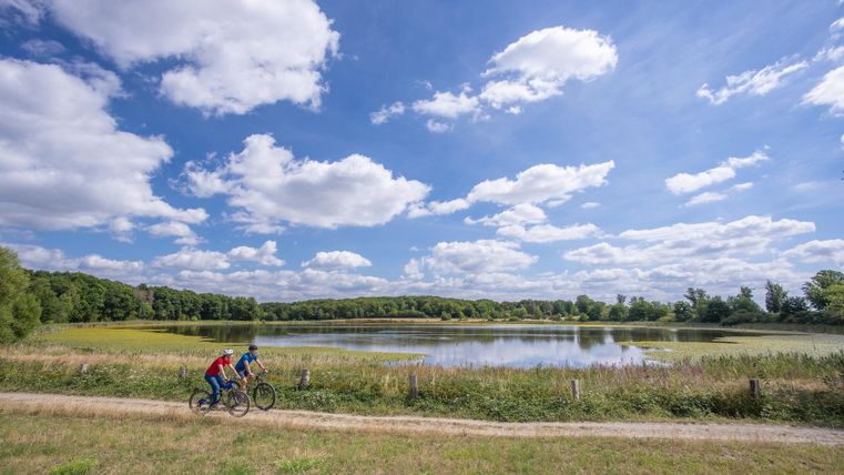 Zwei Radfahrer fahren an einem ruhigen See entlang. Der Himmel ist klar und voller Wolken, umgeben von grüner Natur.