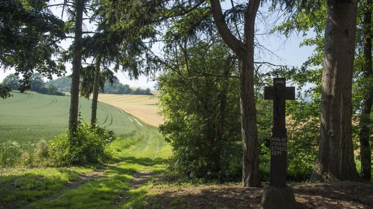 Ein ruhiger Waldweg mit einer schwarzen Steinmonument auf der rechten Seite. Im Hintergrund sind grüne Felder unter einem klaren Himmel sichtbar.