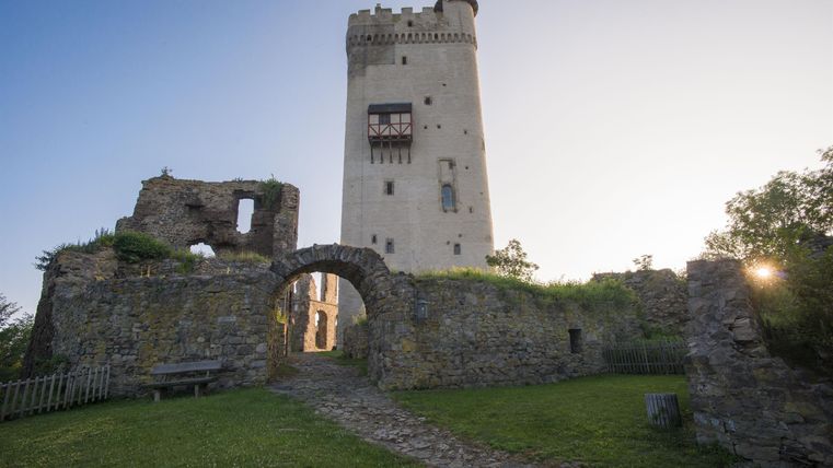 Eine alte Burgruine mit einem hohen Turm steht unter einem klaren Himmel. Die Umgebung ist grün und einladend.