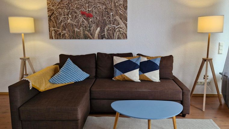 Ein gemütliches Wohnzimmer mit einem braunen Sofa und bunten Kissen. Im Hintergrund hängt ein Bild von einem Feld mit einem roten Akzent.