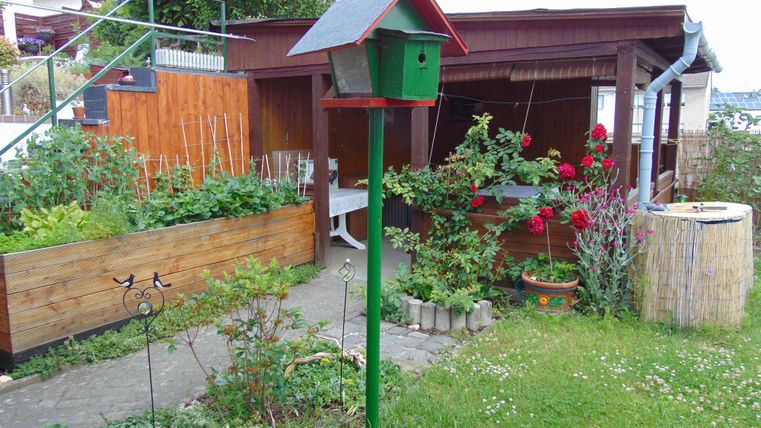 A cozy garden with a colorful birdhouse and blooming plants. In the background, there is a wooden terrace that invites relaxation.
