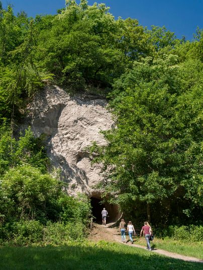 Eine Gruppe von Menschen geht auf einen Weg zu einer Höhle, umgeben von üppigem Grün. Die Sonne scheint und der Himmel ist klar.