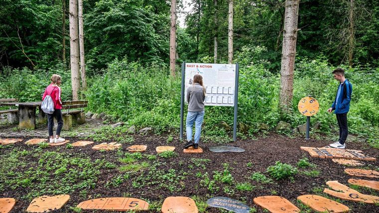 A forest landscape with several people standing by an information sign. The ground is designed with colored tiles that lead to a play path.