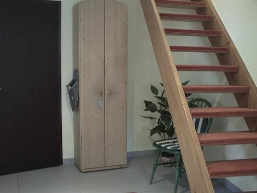 A cozy entrance area with a wooden door and a staircase. On the left, there is a bright cupboard and next to it, a green plant.
