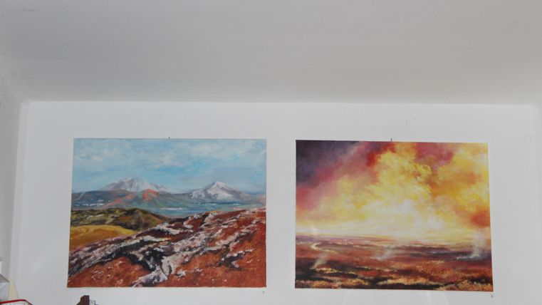 Zwei Gemälde an einer Wand. Links ein Landschaftsbild mit Bergen und Grün, rechts ein abstraktes Bild mit warmen Farben.