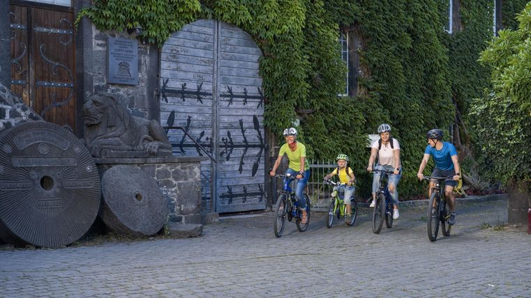 A group of four cyclists is riding on a paved road. In the background, green plants and an old door can be seen.