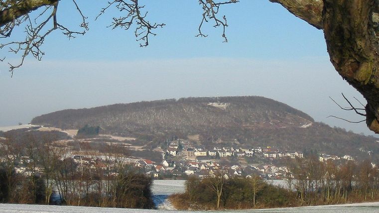 Eine verschneite Landschaft mit einem Hügel im Hintergrund. Im Vordergrund sind einige Bäume sichtbar, die einen schönen Blick auf das Dorf darunter bieten.