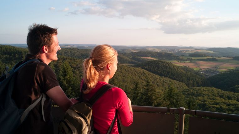 Zwei Personen stehen auf einem Aussichtsturm und blicken über eine bewaldete Landschaft.