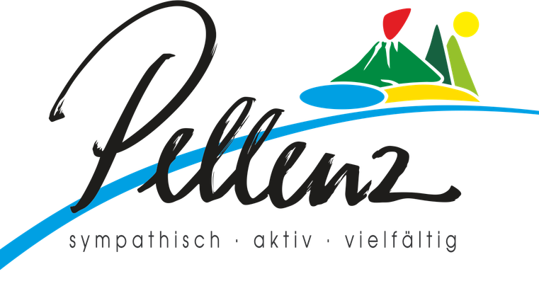 Ein farbenfrohes Logo von Pellenz mit den Worten "sympathisch, aktiv, vielfältig". Es zeigt stilisierte Berge und eine sonnige Landschaft.