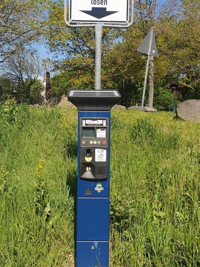 A parking ticket machine stands on a lawn near a street. Above the machine hangs a sign with the inscription "Parking Ticket Machine".