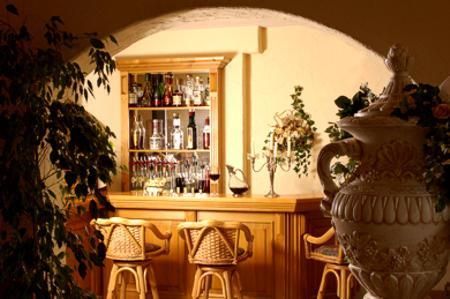 Eine gemütliche Bar mit Holzregalen, die eine Auswahl an Getränken bietet. Umgeben von Pflanzen und dekorativen Elementen.