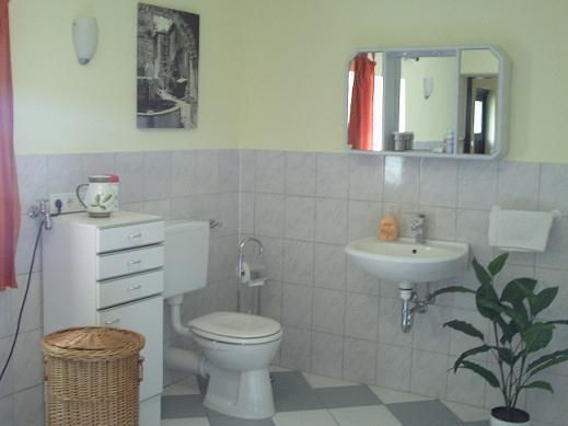 A bright bathroom with tiles in neutral colors. It includes a toilet, a sink, a mirror, and some decorative elements.