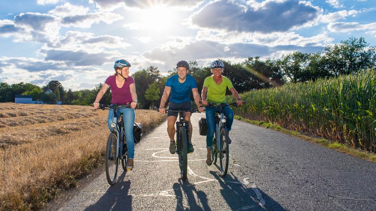 Drei Fahrradfahrer auf einem Fahrradweg fahren auf den Fotografen zu. Links davon ein abgeerntetes Feld. Rechts von ihnen ein Maisfeld.