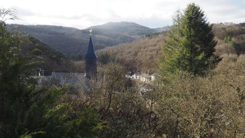 Eine malerische Aussicht auf eine bewaldete Hügellandschaft mit einer Kirche im Vordergrund. Der Himmel ist bewölkt und die Berge sind sanft im Hintergrund zu sehen.