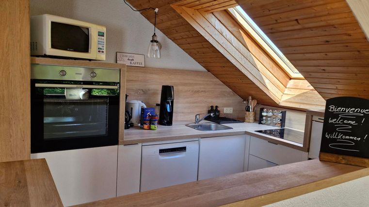 Eine moderne Küche mit Holzdetails und einem Dachfenster. Sie ist ausgestattet mit einem Herd, Mikrowelle und Kühlschrank.